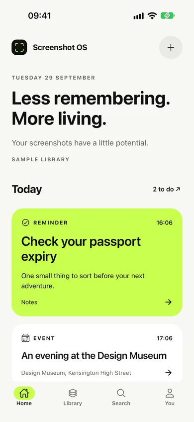 Home: today’s reminder and recent saves