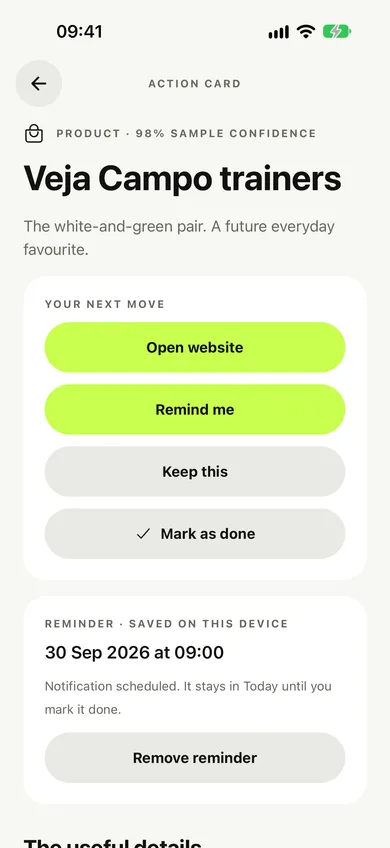 An Action Card for a pair of trainers, with a reminder set